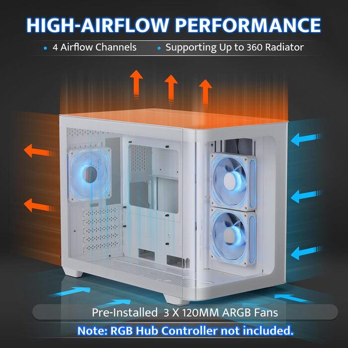 darkFlash ATX корпус для ігрового ПК з 4 ARGB вентиляторами, скло для повного огляду, 2 відсіки, Typ-C, підтримка 2x360 AIO, (DPW90)