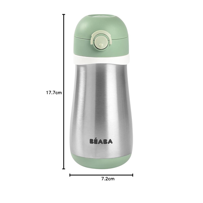 BÉABA Stainless Steel Kids' Water Bottle 2-in-1, Water Bottle/Glass Function, Push-Button for Easy Opening, Stable, Healthy, Detachable Handles, Stainless Steel Cold/Warm Insulation Function, 350ml, Old Pink (Pale Green - 350ml)
