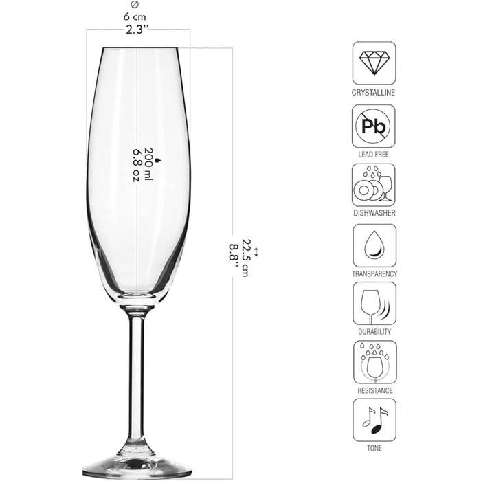 Krosno Champagne Flutes | Set of 6 | 200 ML | Venezia Collection | Perfect for Home, Restaurants, and Parties | Dishwasher Safe