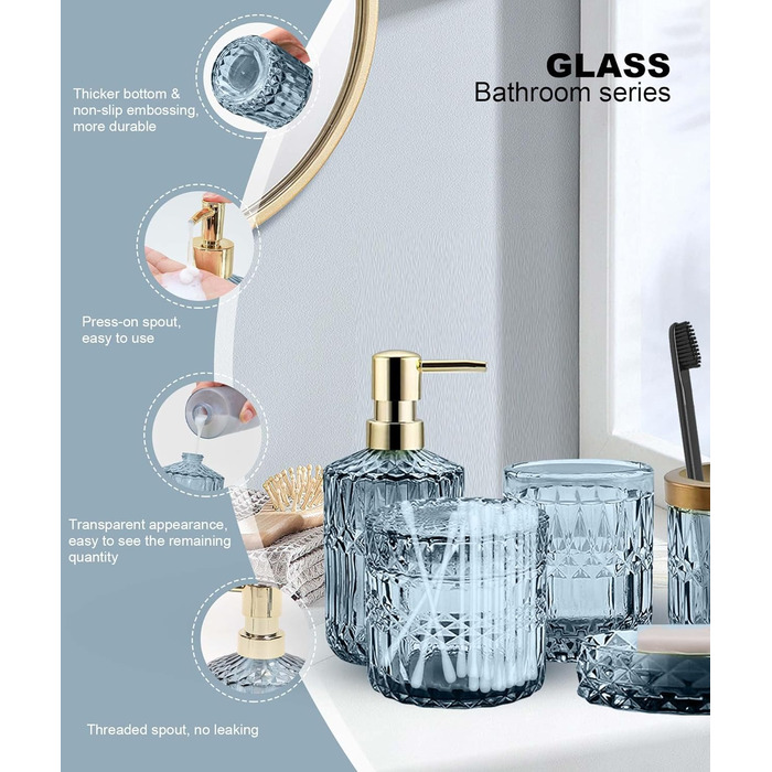 Набір аксесуарів для ванної кімнати Qivine 5 шт., блакитний: стакан для зубної пасти, дозатор мила, контейнер для ватних паличок. Сучасний набір скляних аксесуарів для ванної кімнати