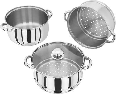 Пароварка з нержавіючої сталі Judge Essentials, 3 рівня, 22 см, з кришкою із скла та отвором для випаровування, універсальна каструля для індукційних плит і духовки, розмір 24.4x28.1x30.4 см