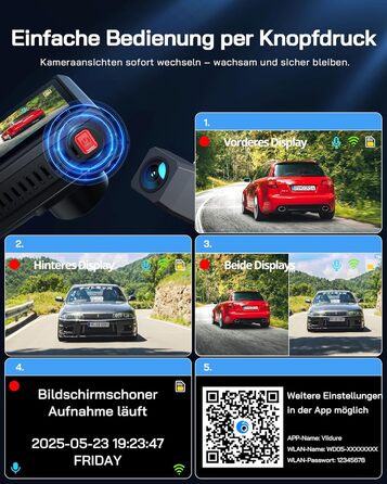 Автомобільний відеореєстратор WOLFANG 4K з WiFi, передня та задня камери, 3