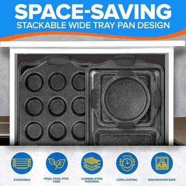 Набір форм для випічки Emporio Kitchen – антипригарне покриття, набір форм з вуглецевої сталі з сірими силіконовими ручками, без PFOA, PFOS, PTFE, рецептурник в комплекті, деко для випічки (до 230°C), сірий, набір з 25 шт.