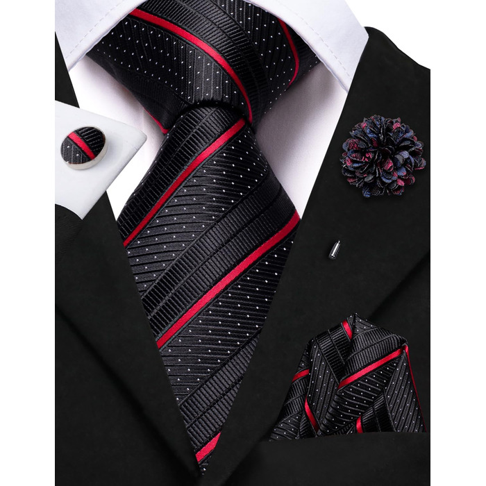 Набір краваток, нагрудних хустинок, запонок та латунної броші Hi-Tie для весілля та ділових зустрічей (чорний/червоний)