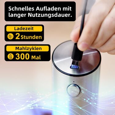 Електричний набір для солі та перцю з нержавіючої сталі, 2 шт., автоматичний, перезаряджається, 5 ступенів помелу, 95 мл, LED-підсвічування, Type-C, база для зберігання