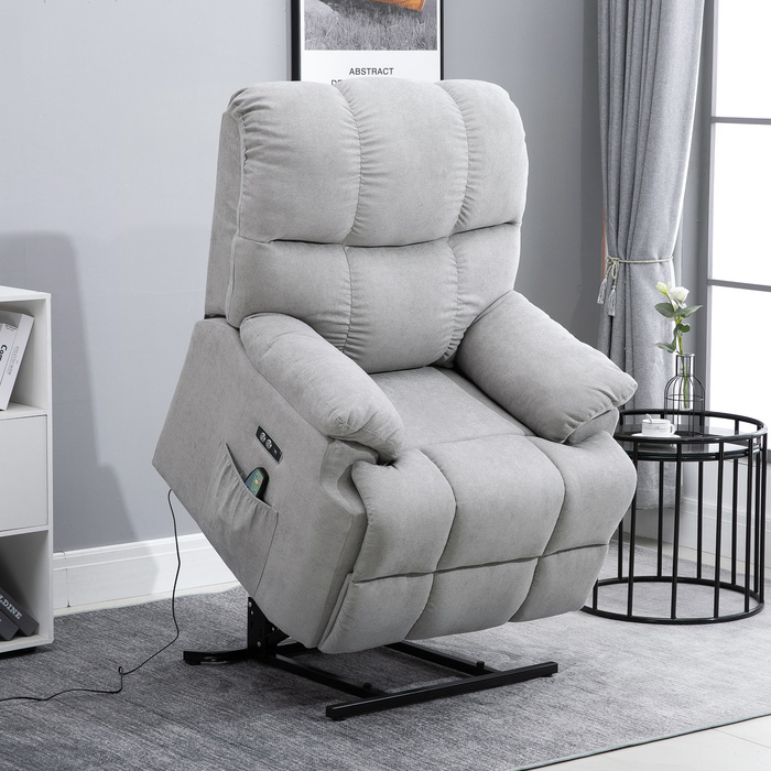 HOMCOM Massage Chair with Rise Assist, Recliner, TV Chair with Heat Function, Adjustable Angle, USB, Remote Control, Short Plush, Grey, 83x95x105 cm