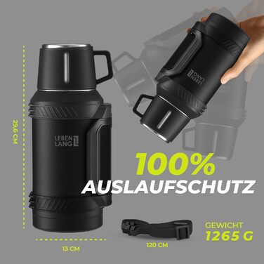 Термос LEBENLANG 2,5 л з чашкою, ситом для чаю та ремінцем | Фляга-термос з нержавіючої сталі, 24 години зберігання тепла | Ізотермос, термокружка