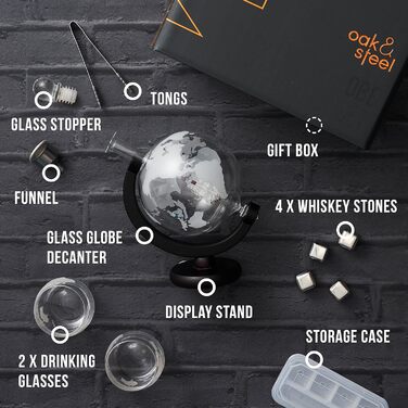 Oak & Steel - XL Premium Globus Whisky Decanter Set with World Map, 1500ml - Decanter with 2 Glasses, 4 Whiskey Stones & More - Gift Set for Christmas