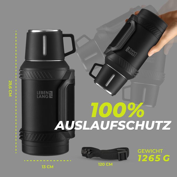 Термос LEBENLANG 2,5 л з чашкою, ситом для чаю та ремінцем | Фляга-термос з нержавіючої сталі, 24 години зберігання тепла | Ізотермос, термокружка