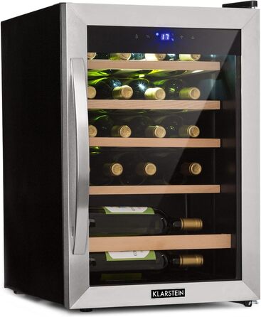 Klarstein Wine & Beverage Refrigerator - 1 Zone, 19 Bottles, UV Protection, 4-18°C, Freestanding, Silver & Black