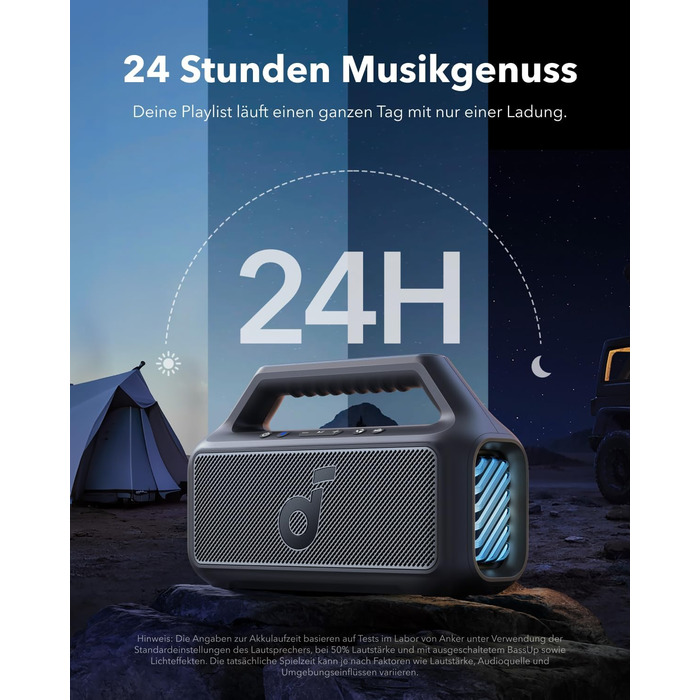 Soundcore Boom 2 - портативна Bluetooth колонка, 80W, сабвуфер, LED, IPX7, USB-C, EQ, BT 5.3, для кемпінгу, пляжу, саду, чорна