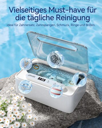 Ультразвуковий очисник Phniti 47 кГц: для окулярів, ювелірних виробів, зубних протезів. 3 режими, портативний, 330 мл, білий