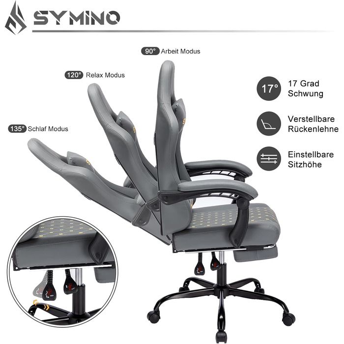 Ігрове крісло Symino Racing з ергономічною підтримкою попереку, з підніжкою, з PU шкіри, сіре, 130 кг