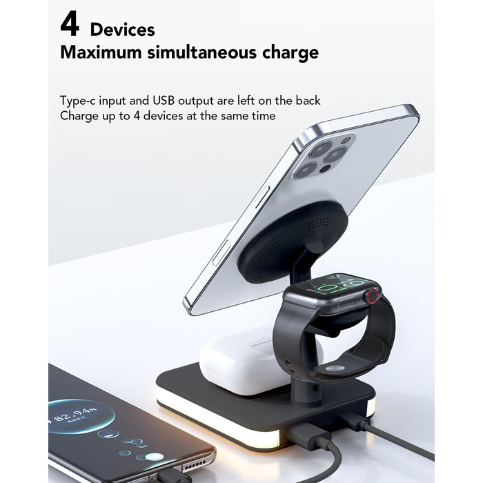 Бездротовий зарядний пристрій 4-в-1 з підсвічуванням та USB-портом для Apple iPhone, iWatch, AirPods (Чорний)