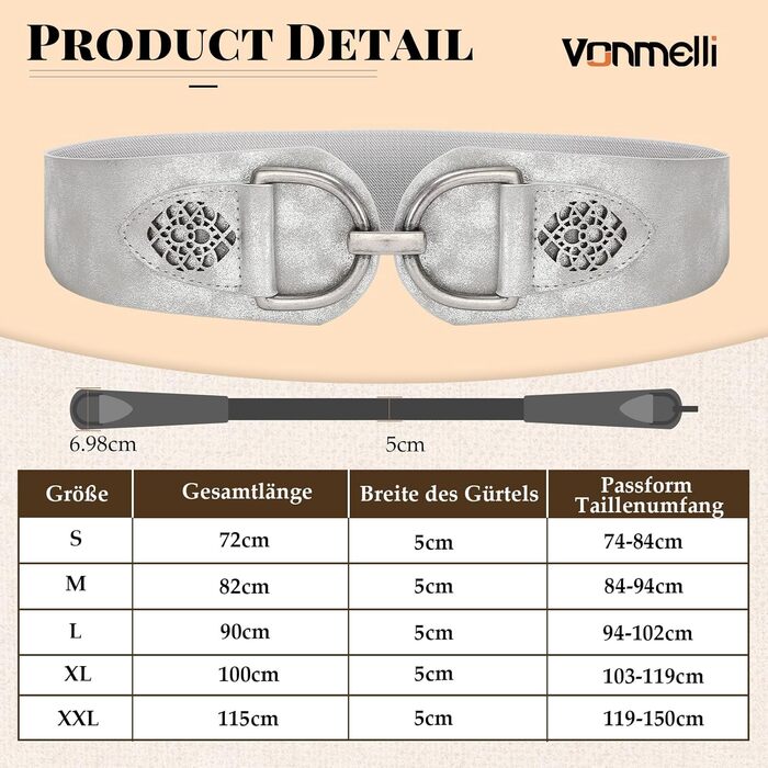 Жіночий ремінь VONMELLI Vintage з широкою талією та товстою пряжкою. Еластичний широкий ремінь для суконь та пальто (Срібло, XXL: обхват талії 119-150 см)
