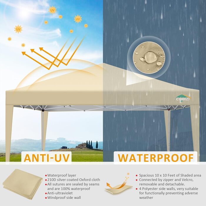 COBIZI Gazebo 3x3 Waterproof, Stable, Winter-Proof Foldable Gazebo 3x3 with 4 Side Walls Outdoor Pop-up Gazebo Folding 3x3m UV Protection 50+ Garden Tent Party Tent Folding Party Tent incl. Bag (Khaki)