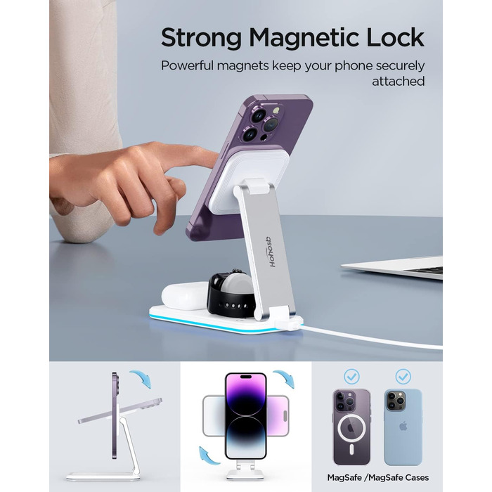 Зарядна станція MagSafe 3-в-1, складна, бездротова, біла (18W адаптер в комплекті). Сумісна з iPhone 14/13/12, AirPods Pro/2/3, iWatch 8/7/6/SE/5/4/3/2. Модель S16