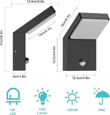 КЛIГТЕН Зовнішня бра з LED та датчиком руху, 24W, IP65, вологостійка, для саду, тераси, входу (Чорний, Тепле біле світло)