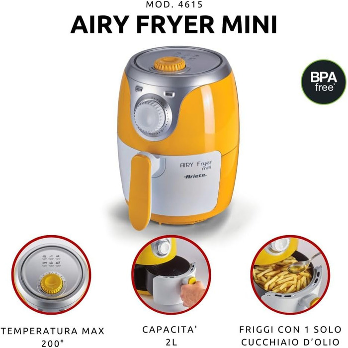 Фритюрниця Ariete 4615 Airy Fryer Mini 2 л, 1000 Вт, жовта, з антипригарним покриттям, температура до 200°C, знімна чаша, книга рецептів німецькою