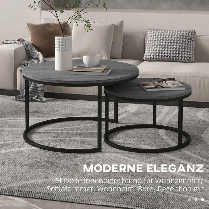 HOMCOM Round Coffee Table 2-Piece Set Stackable Side Table with Metal Frame, Living Room Table with Wood-Look Finish, Coffee Table for Living Room Bedroom Black | Aosom
