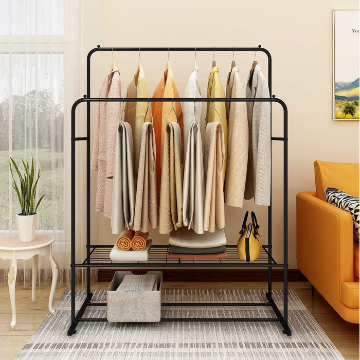JURMERRY Freestanding Clothes Rack, Double Hanging Rod, High-Performance Metal with Shelf, Commercial Quality, Black