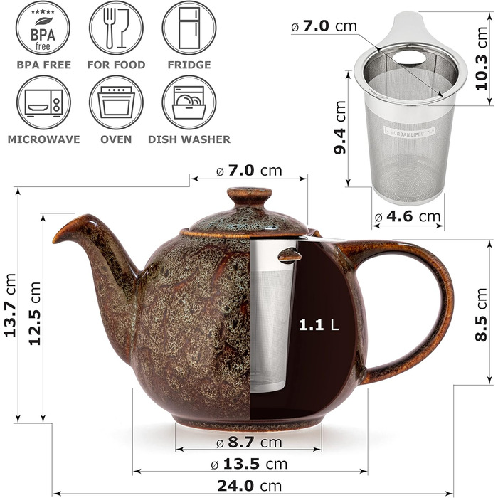 Teapot with infuser, Swansea Sea Green 1.1 L with filter, made of porcelain by URBAN LIFESTYLE, a drip-free teapot. Teapot with infuser, porcelain