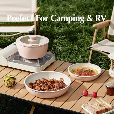 Набір посуду Redchef 16 предметів: каструлі та сковороди з керамічним антипригарним покриттям, знімні ручки, без PFAS, PFOA та PTFE, для кемпінгу та приготування їжі, сумісний з духовкою (колір: рожевий)