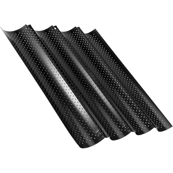 KEILEOHO 3-Piece Baguette Baking Pan, Baguette Baking Sheet with 4 Cavities, 38 x 33 cm Baguette Baking Sheet/Pan, Bread Baking Accessories for 4 Baguettes, Black