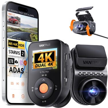 Автомобільний відеореєстратор VANTRUE S1 PRO MAX 4K + 4K з двома камерами (передня та задня), Sony STARVIS 2, нічна зйомка HDR, 24Гдн режим паркування, 5.8ГГц Wi-Fi, GPS, ADAS, підтримка LTE та карт пам'яті до 1ТБ
