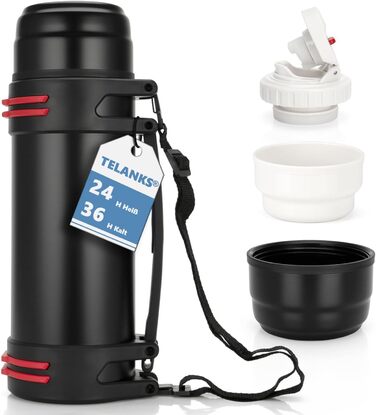 Термос-пляшка з чашкою 1L, 1.5L або 2L: термокана, пляшка з нержавіючої сталі, не протікає, ізотермічна пляшка для кемпінгу та піших прогулянок з ручкою та ремінцем, 24 години гаряча та холодна (1.5L) 1500 мл