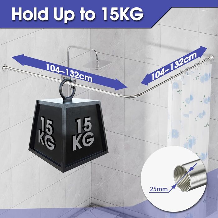 Регульована штанга для душу L-Form, нержавіюча сталь, 68–96 см × 68–96 см, водовідштовхувальна, з 12 кільцями, комплект гвинтів, 90 градусів