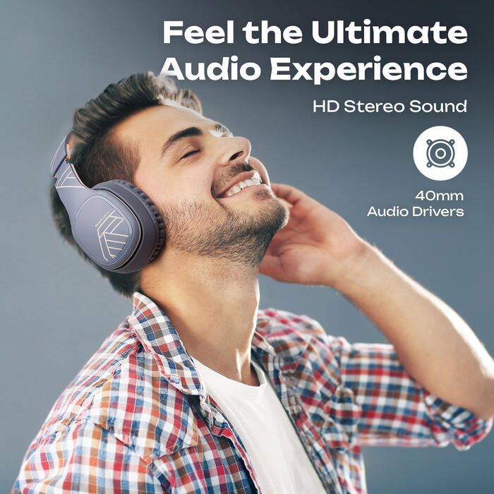 PowerLocus P7 Bluetooth навушники Over-Ear, складні, бездротові з басами, Hi-Fi стерео, з функцією гучного зв'язку, USB-C зарядка, тривалий час роботи для iPhone/PC/TV (Лінійний сірий)