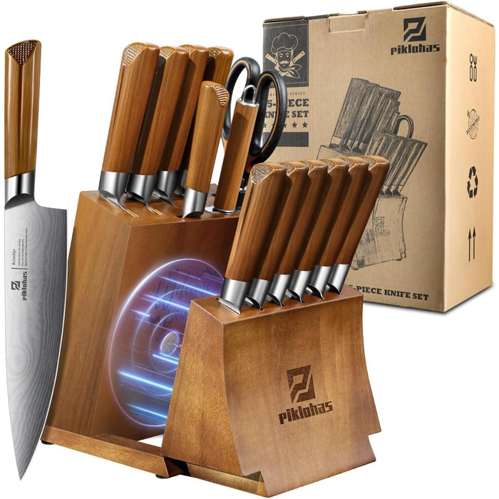 Набір кухонних ножів 15 предметів з дерев'яним блоком, сталь Damast, магнітний тримач, ножі для стейку - ідеальний подарунок