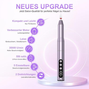 Електричний фрезер для нігтів бездротовий - 12 в 1, 35000 об/хв, для гелю, акрилу, манікюру та педикюру, фіолетовий