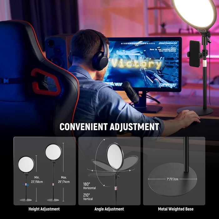 NEEWER кільцева лампа 10.5' з тримачем для телефону, штативом, таймером, 15W, диммування, LED, для iPhone, зйомка, стрімінг, ноутбук, веб-камера, відеоконференції, USB, R10