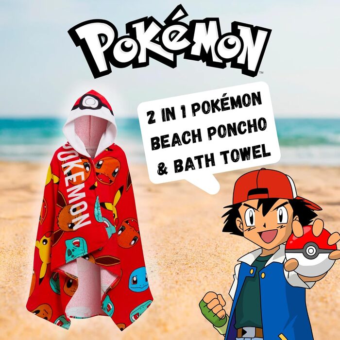 Pokemon Hooded Towel, 100% Cotton, Kids Poncho, Pokeball, Pikachu, Beach Towel, Bath Towel, Changing Towel, Wrap Towel