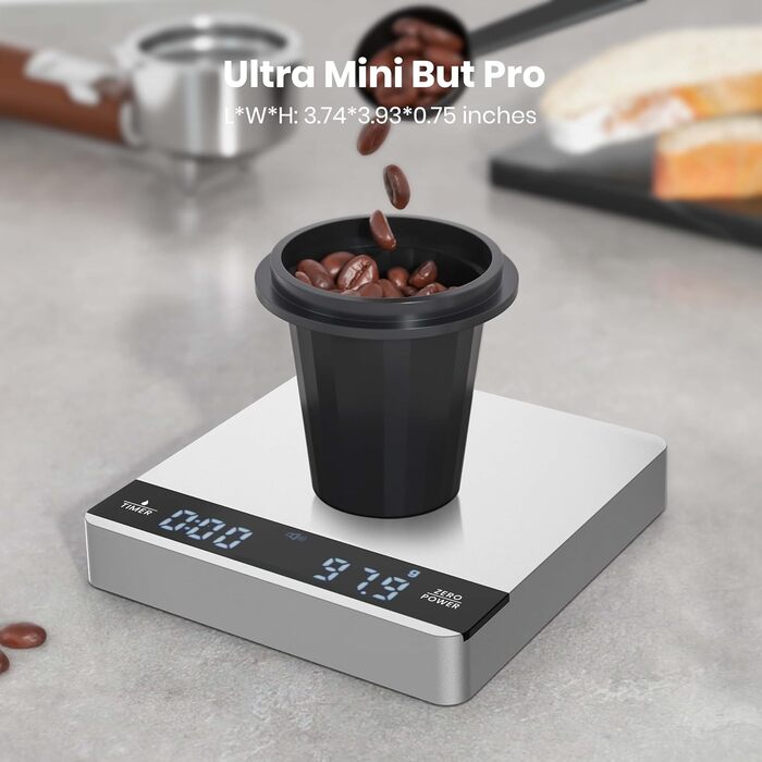 Maestri House Mini Espresso Scale with Timer - 2kg/0.1g Precision Digital Kitchen Scale for Espresso, Pour-Over & Coffee Brewing (Silver)
