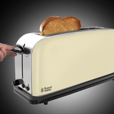 Тостер Russell Hobbs Colours+ з широким слотом, 2 скибки, нержавіюча сталь, кремовий, 1000 Вт, підставка для булочок, 6 режимів підсмажування, функція розморожування