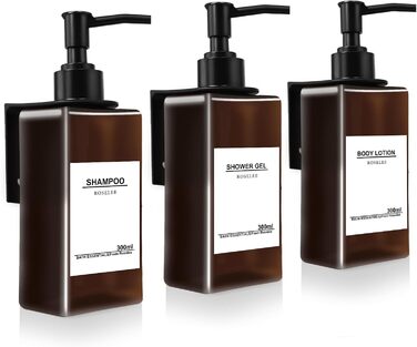 Набір з 3 дозатори мила Roselee для кріплення на стіну, 500 мл, без свердління, для душу, шампуню, гелю для ванни, з етикеткою, для ванної кімнати, кухні (Колір: Коричневий)