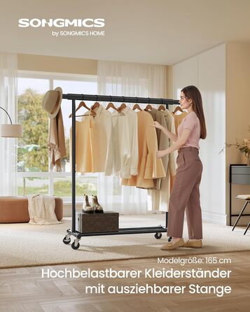 SONGMICS Clothes Rack with Wheels, Heavy-Duty Garment Rack, Extendable Clothes Rod, Load Capacity up to 100 kg, Easy Assembly, Portable, Black HSR13BKV1