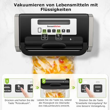 Вакуумний пакувальник Bonsenkitchen 15л/хв, з ручкою та вбудованим ножем, комплект з 2 рулонами, сертифікат екологічності