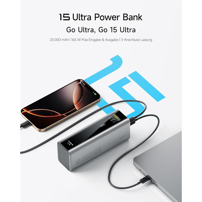 Power Bank CUKTECH 15 Ultra 20000mAh 165W з PD 3.1 та цифровим дисплеєм. Сумісний з iPhone, MacBook Pro, Samsung та іншими пристроями.