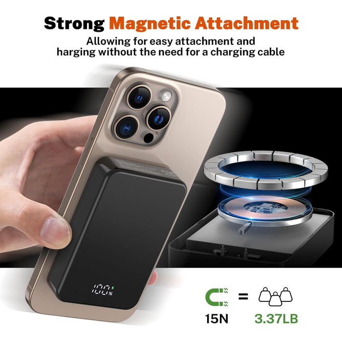 Магнітний портативний Power Bank 26800mAh з USB-C, для iPhone 16/15/4/13/12 та Android, сірий/чорний