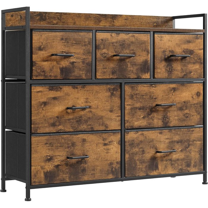 SONGMICS Chest of Drawers, Cabinet, 7 Fabric Drawers with Handles, Metal Frame, Industrial Design, Vintage Brown-Ink Black LTS137B01