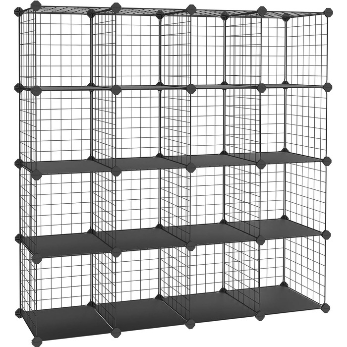 SONGMICS Storage Cubes, 16 Cube Storage System from Metal Wire, DIY, Modular Grid Shelf, with Wire Frame, Black LPI44H
