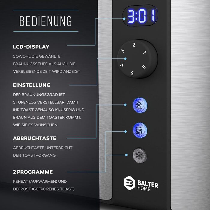 Тостер Balter TS-04-LCD на 4 тости, довга щілина, нержавіюча сталь, підставка для булочок, LCD-дисплей з таймером, функція розморожування, центрування хліба, піддон для крихт, колір сріблястий