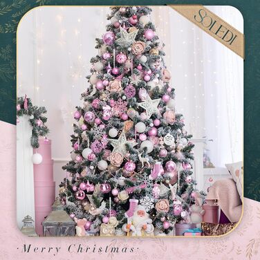 Набір ялинкових прикрас SOLEDI® 128шт. Преміум якість: рожеві та білі пластикові кулі з зіркою та верхівкою. Міцний та безпечний набір прикрас з петельками. Яскраві ялинкові кулі, багаторазовий декор для Різдва.