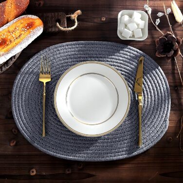 Fanquare Oval Woven Placemats Set of 6 Dark Grey Cotton Rope Braided Placemats Heat Resistant Washable Non-Slip Table Mats for Kitchen Dining Table, Home Decoration 30x40cm