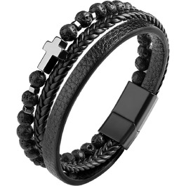 Чоловічий браслет Dochais: нержавіюча сталь, шкіряний ремінець, хрест Ісуса Христа, плетіння з натурального каменю, магнітна застібка, чорний, 21 см