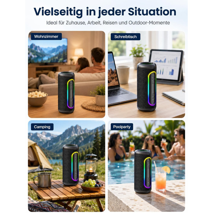 Портативна Bluetooth колонка UOHHBOE 30W, чорна: музика до 30 годин, RGB підсвічування, IPX5 водонепроникність